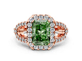 Rose gold Fancy Green Radiant Cut Cut Diamond Halo Engagement Ring with Open Split Pavé Band