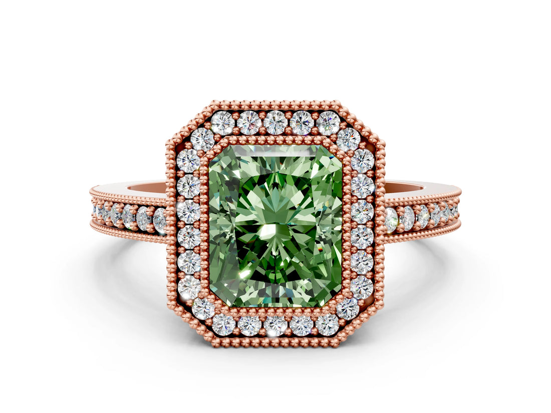 Rose gold Fancy Green Radiant Cut-Cut Diamond Halo Engagement Ring with Pave Band and Prong Setting