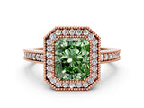 Rose gold Fancy Green Radiant Cut-Cut Diamond Halo Engagement Ring with Pave Band and Prong Setting