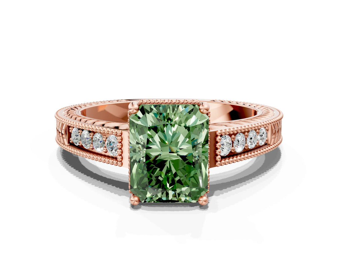 Rose gold Fancy Green Radiant Cut Cut Diamond Milgrain Pave Band Four-Prong Setting Ring_3