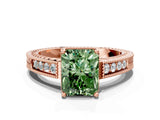 Rose gold Fancy Green Radiant Cut Cut Diamond Milgrain Pave Band Four-Prong Setting Ring_3