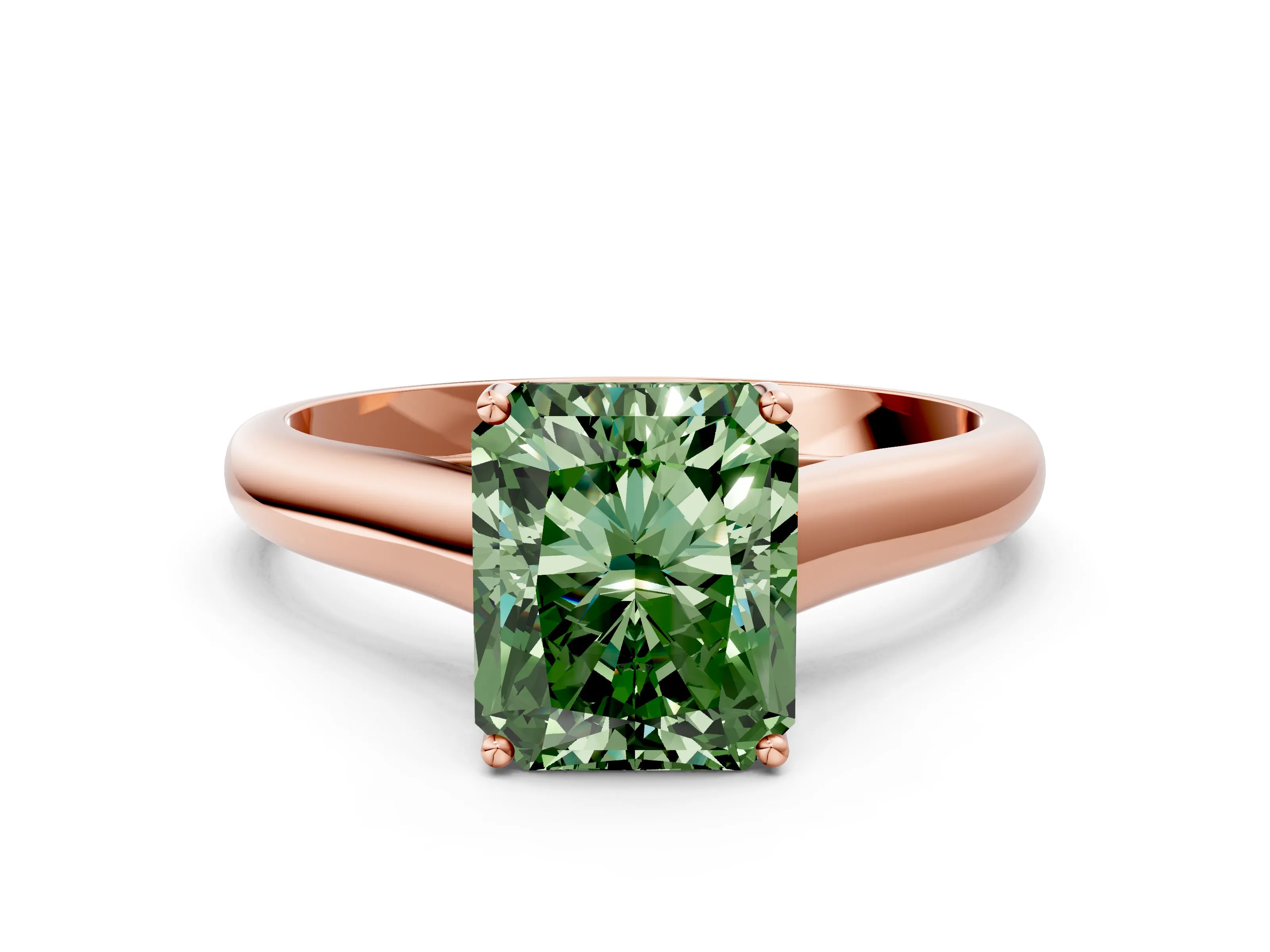 Rose gold Fancy Green Radiant Cut Cut Diamond Solitaire Engagement Ring with Tapered Plain Band and Four-Prong Setting