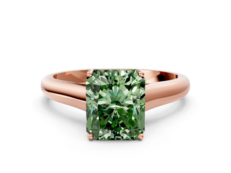 Rose gold Fancy Green Radiant Cut Cut Diamond Solitaire Engagement Ring with Tapered Plain Band and Four-Prong Setting