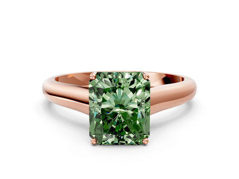 Rose gold Fancy Green Radiant Cut Cut Diamond Solitaire Engagement Ring with Tapered Plain Band and Four-Prong Setting