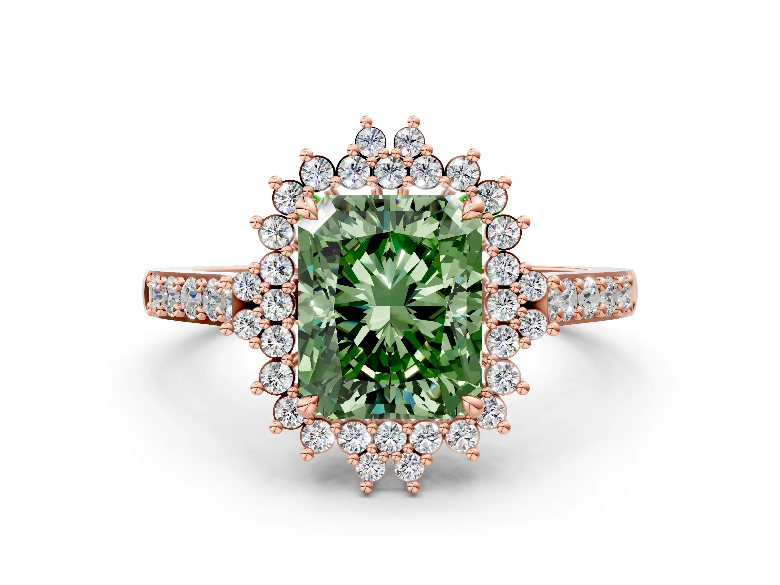 Rose gold Fancy Green Radiant Cut Cut Diamond Sunburst Halo Engagement Ring with Pavé Band