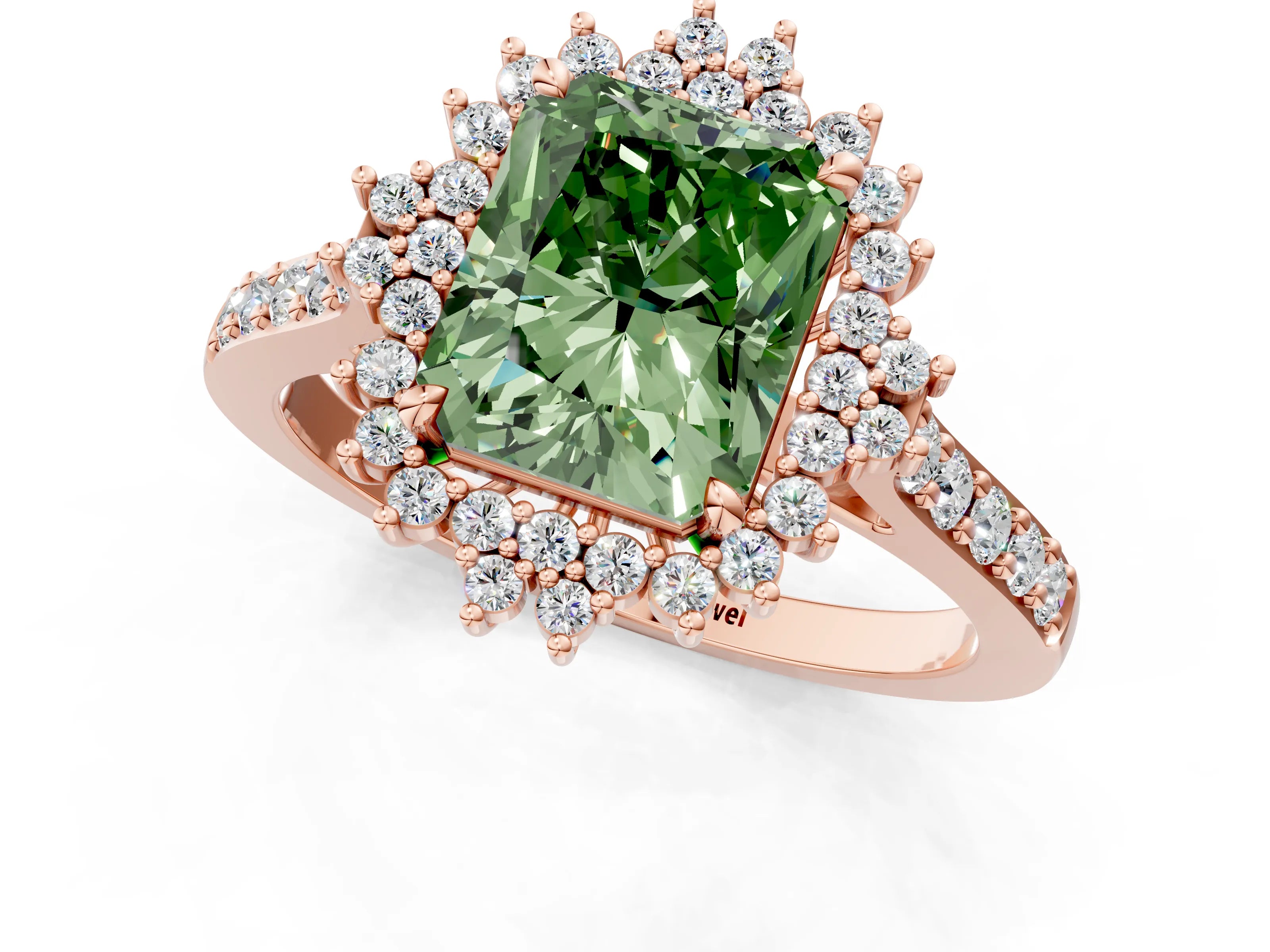 Rose gold Fancy Green Radiant Cut Cut Diamond Sunburst Halo Engagement Ring with Pavé Band_1