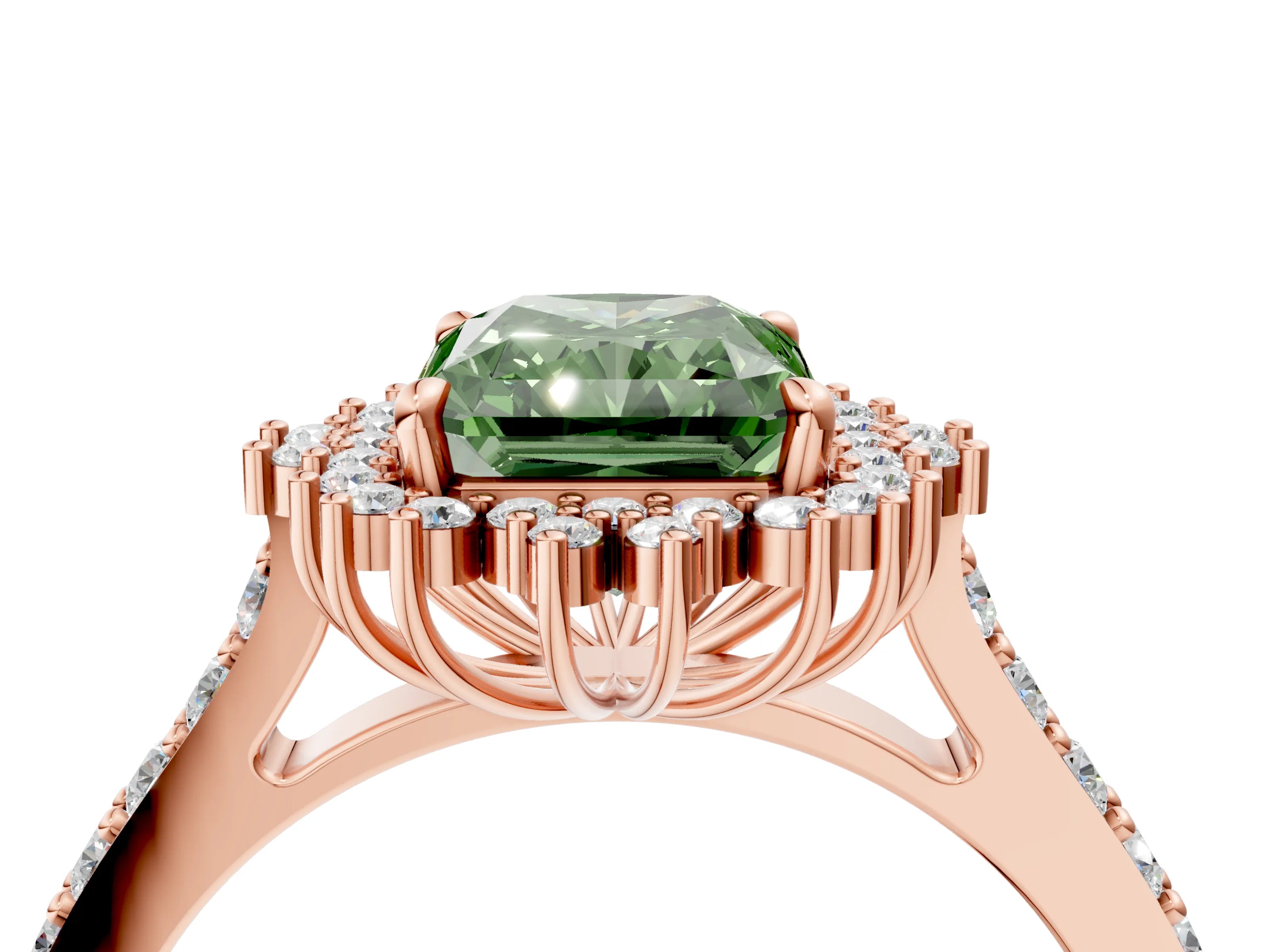 Rose gold Fancy Green Radiant Cut Cut Diamond Sunburst Halo Engagement Ring with Pavé Band_4