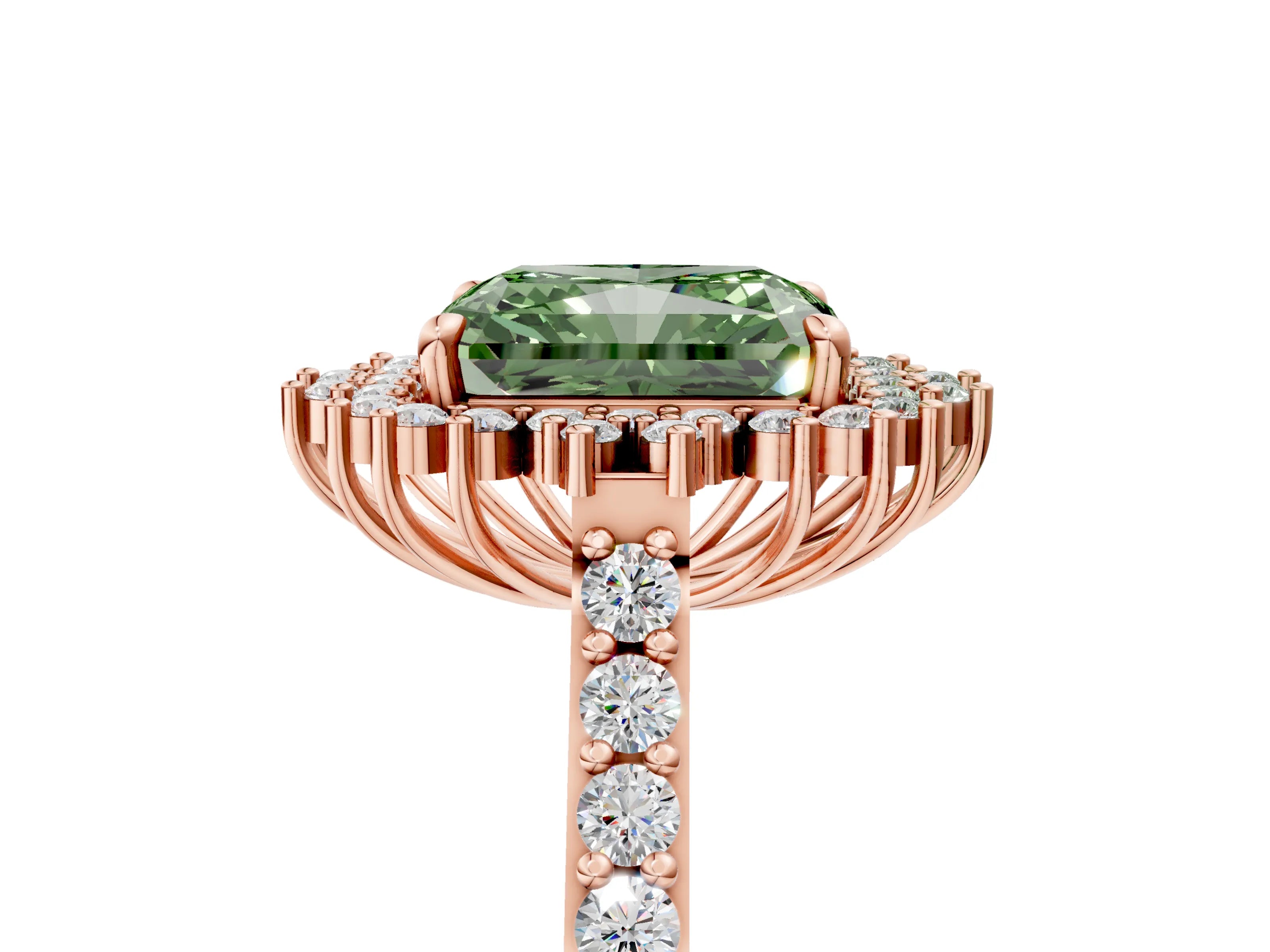 Rose gold Fancy Green Radiant Cut Cut Diamond Sunburst Halo Engagement Ring with Pavé Band_5