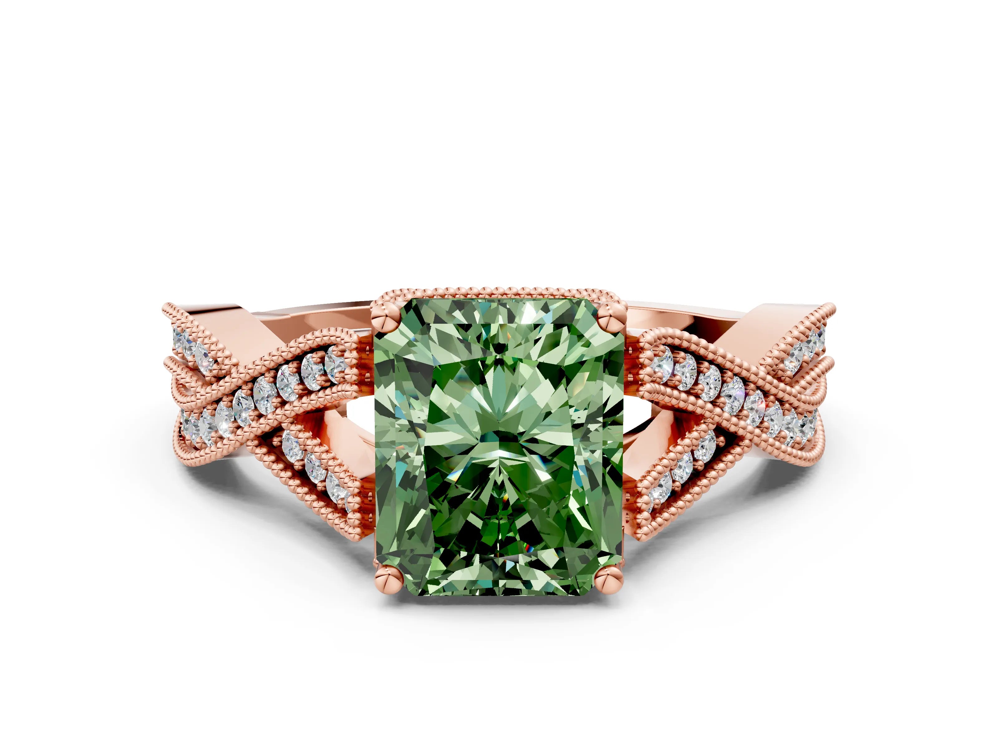 Rose gold Fancy Green Radiant Cut Cut Diamond Twisted Band with Milgrain Pave Setting and Four-Prong Setting