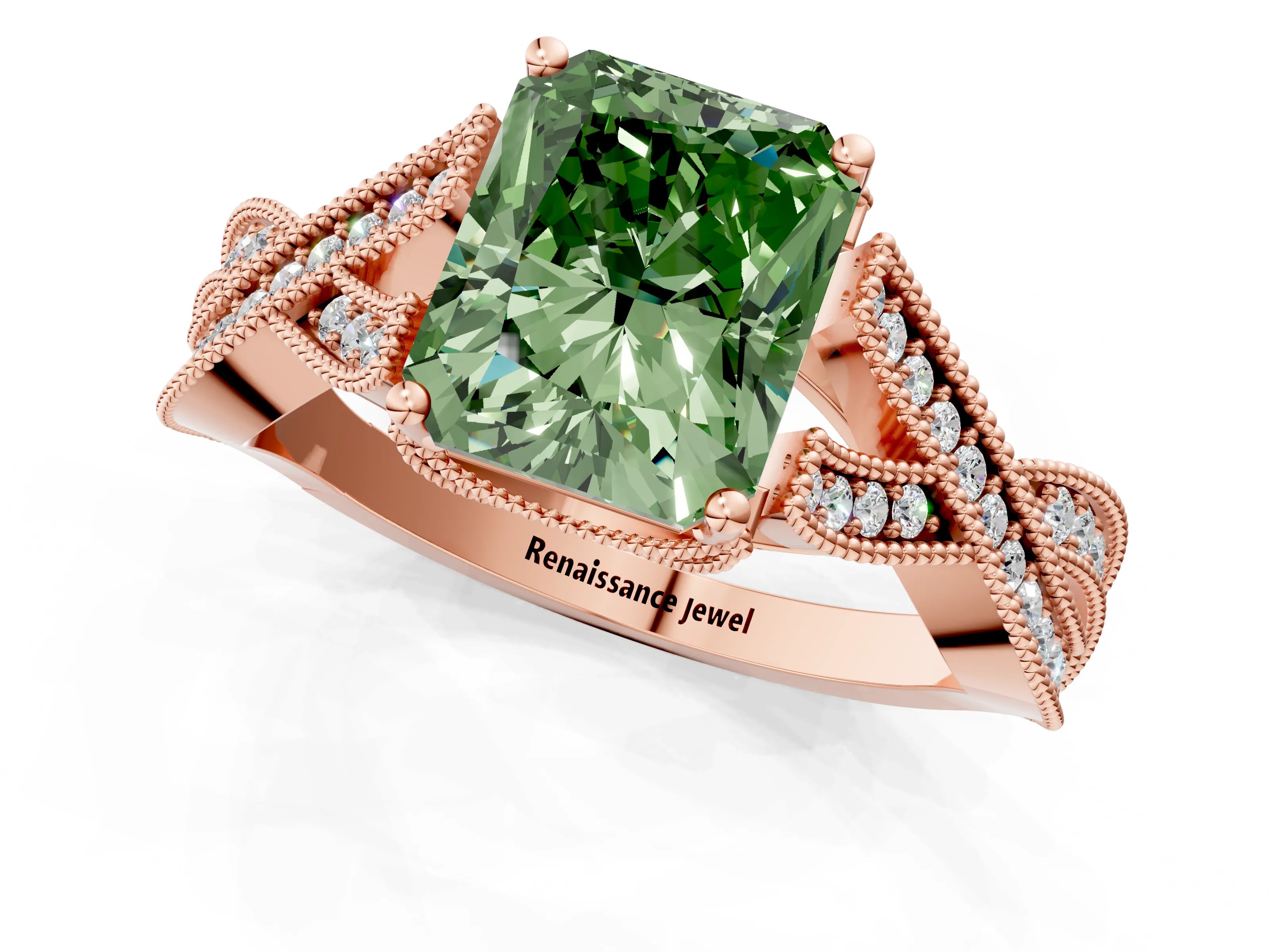 Rose gold Fancy Green Radiant Cut Cut Diamond Twisted Band with Milgrain Pave Setting and Four-Prong Setting_1