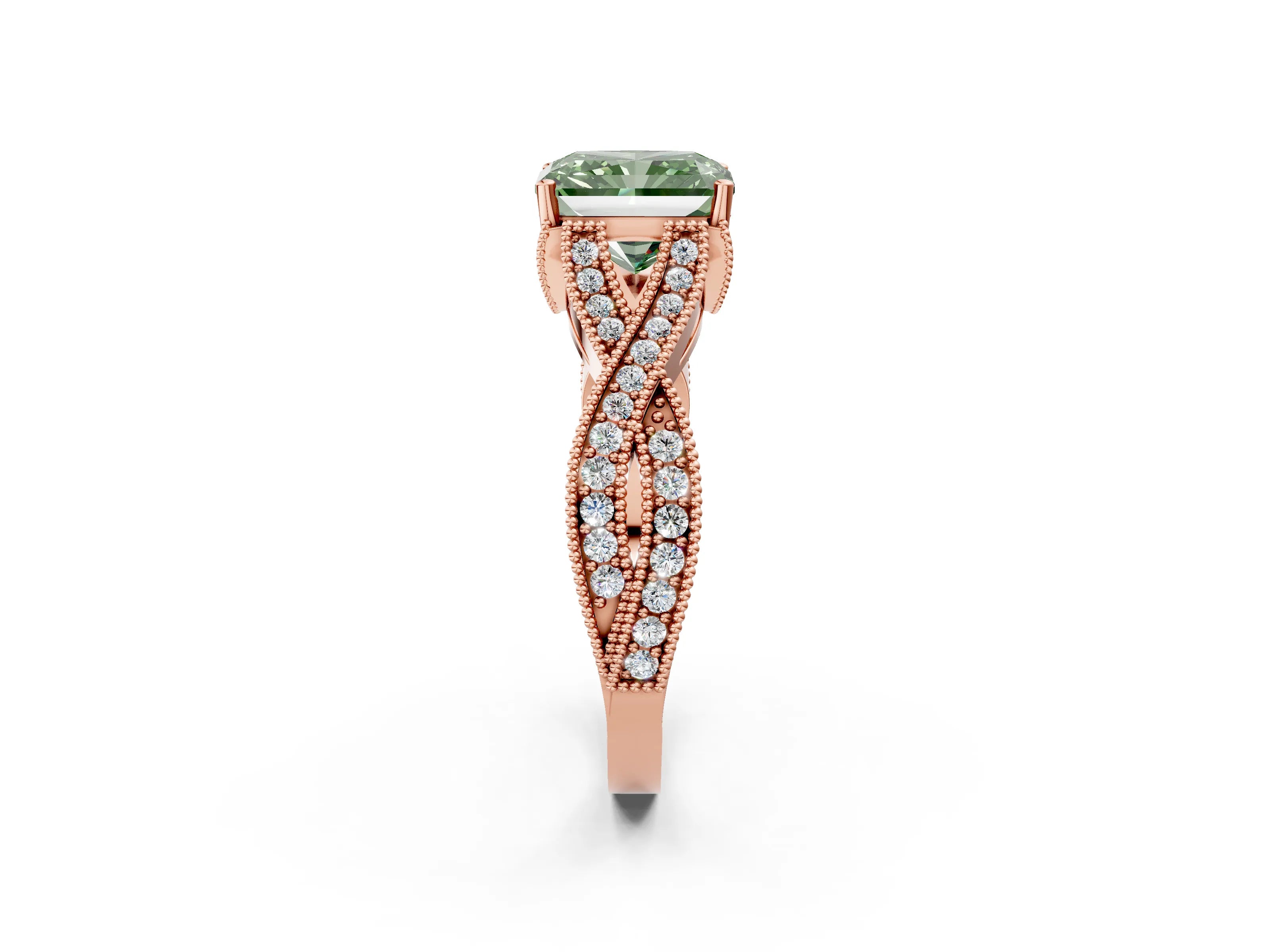 Rose gold Fancy Green Radiant Cut Cut Diamond Twisted Band with Milgrain Pave Setting and Four-Prong Setting_2