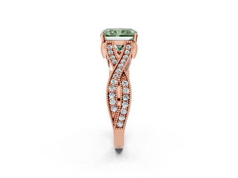 Rose gold Fancy Green Radiant Cut Cut Diamond Twisted Band with Milgrain Pave Setting and Four-Prong Setting_2