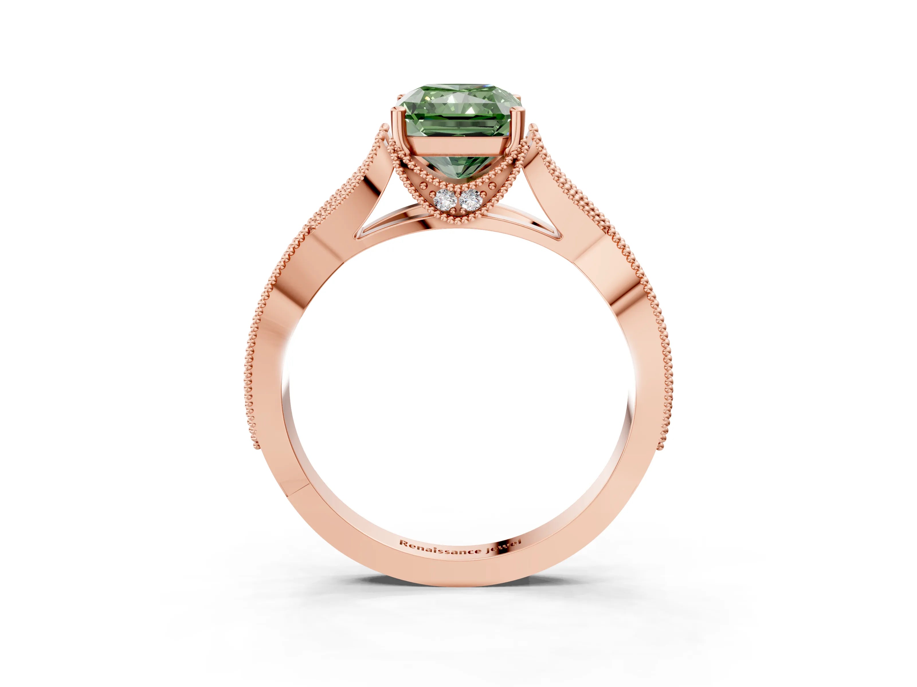 Rose gold Fancy Green Radiant Cut Cut Diamond Twisted Band with Milgrain Pave Setting and Four-Prong Setting_3