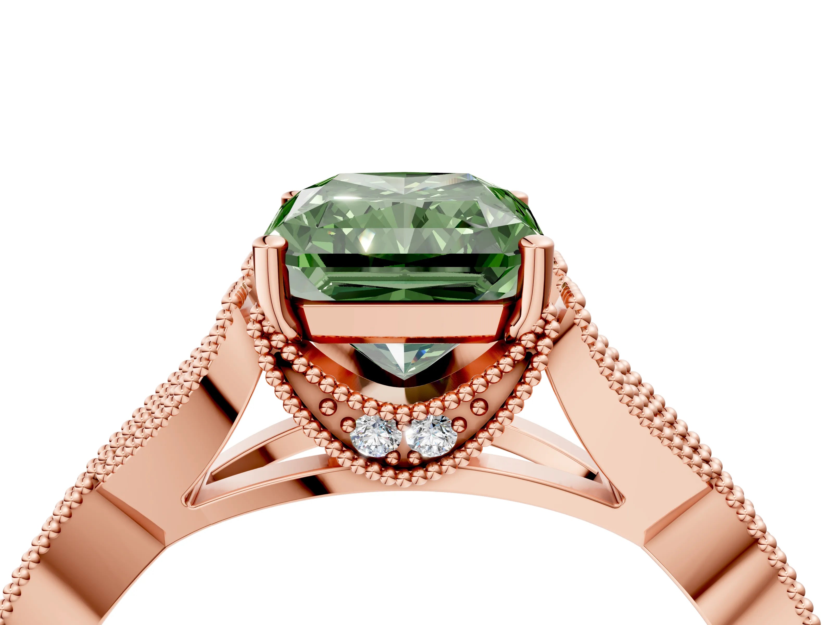 Rose gold Fancy Green Radiant Cut Cut Diamond Twisted Band with Milgrain Pave Setting and Four-Prong Setting_4