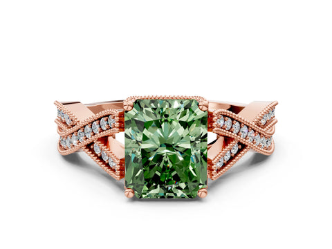 Rose gold Fancy Green Radiant Cut Cut Diamond Twisted Band with Milgrain Pave Setting and Four-Prong Setting