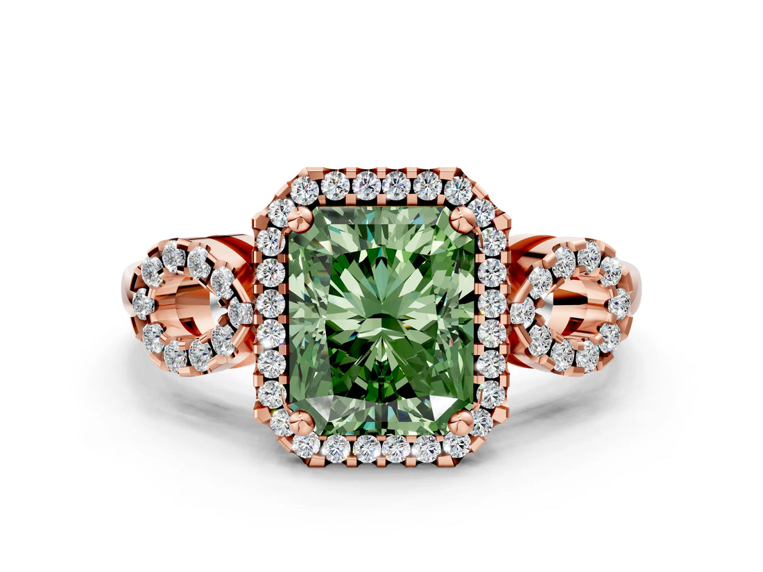 Rose gold Fancy Green Radiant Cut Cut Halo Diamond Infinity Band with Four-Prong Setting