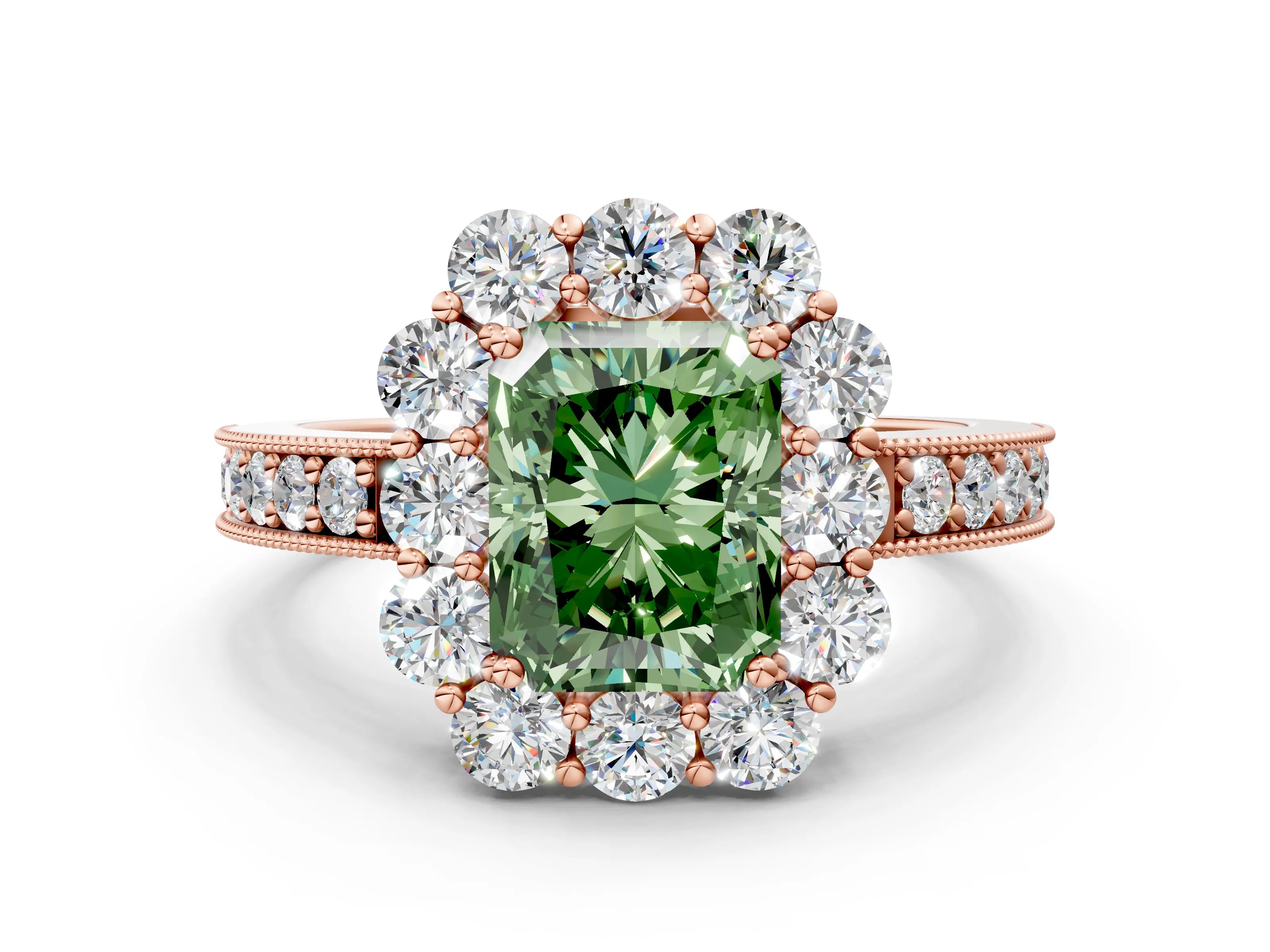 Rose gold Fancy Green Radiant Cut Cut Halo Diamond Pavé Engagement Ring with Milgrain Detailing