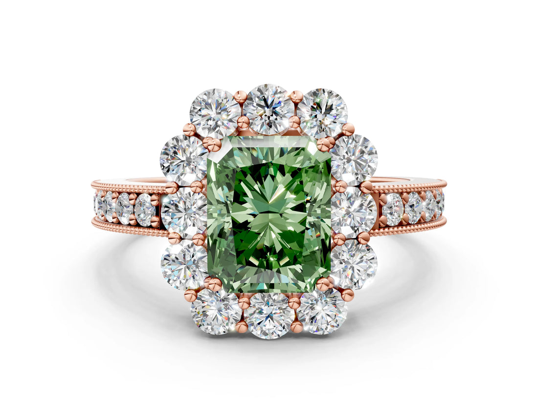 Rose gold Fancy Green Radiant Cut Cut Halo Diamond Pavé Engagement Ring with Milgrain Detailing