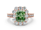 Rose gold Fancy Green Radiant Cut Cut Halo Diamond Pavé Engagement Ring with Milgrain Detailing