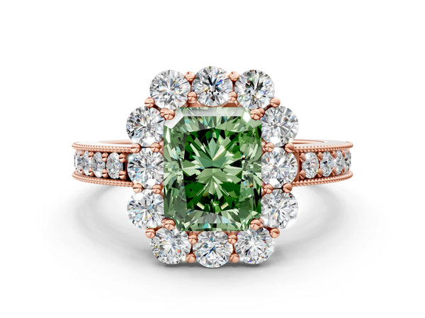 Rose gold Fancy Green Radiant Cut Cut Halo Diamond Pavé Engagement Ring with Milgrain Detailing