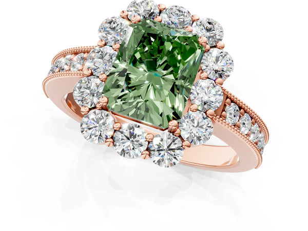 Rose gold Fancy Green Radiant Cut Cut Halo Diamond Pavé Engagement Ring with Milgrain Detailing