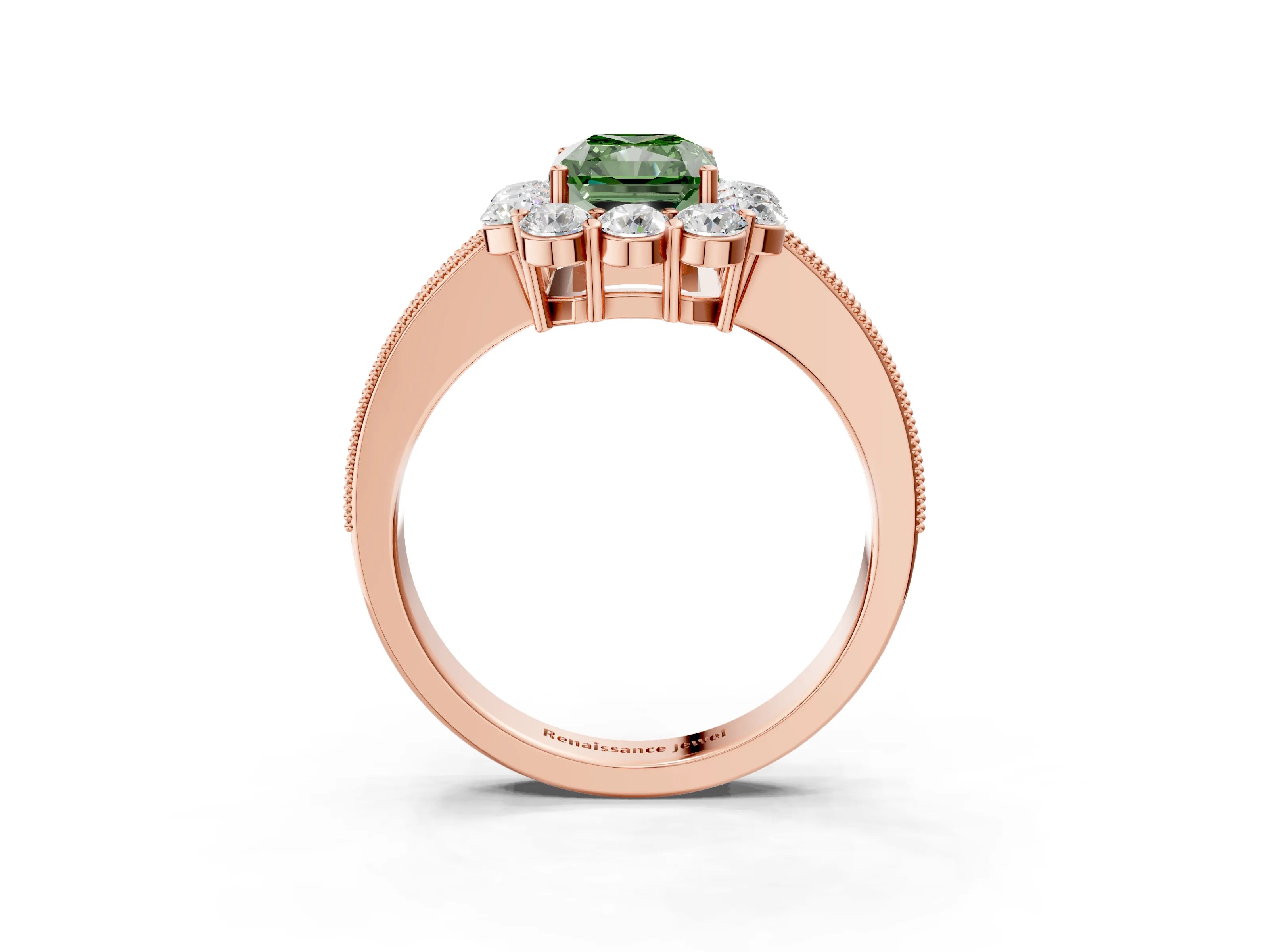Rose gold Fancy Green Radiant Cut Cut Halo Diamond Pavé Engagement Ring with Milgrain Detailing_3