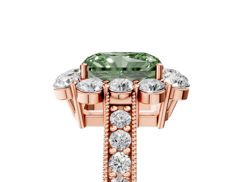 Rose gold Fancy Green Radiant Cut Cut Halo Diamond Pavé Engagement Ring with Milgrain Detailing_5