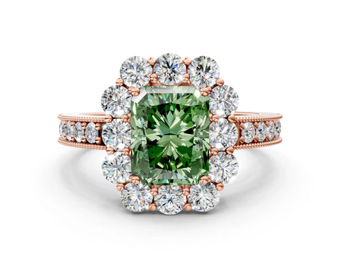 Rose gold Fancy Green Radiant Cut Cut Halo Diamond Pavé Engagement Ring with Milgrain Detailing