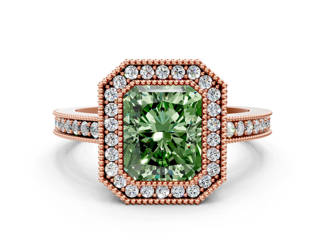 Rose gold Fancy Green Radiant Cut Cut Halo Pavé Diamond Ring