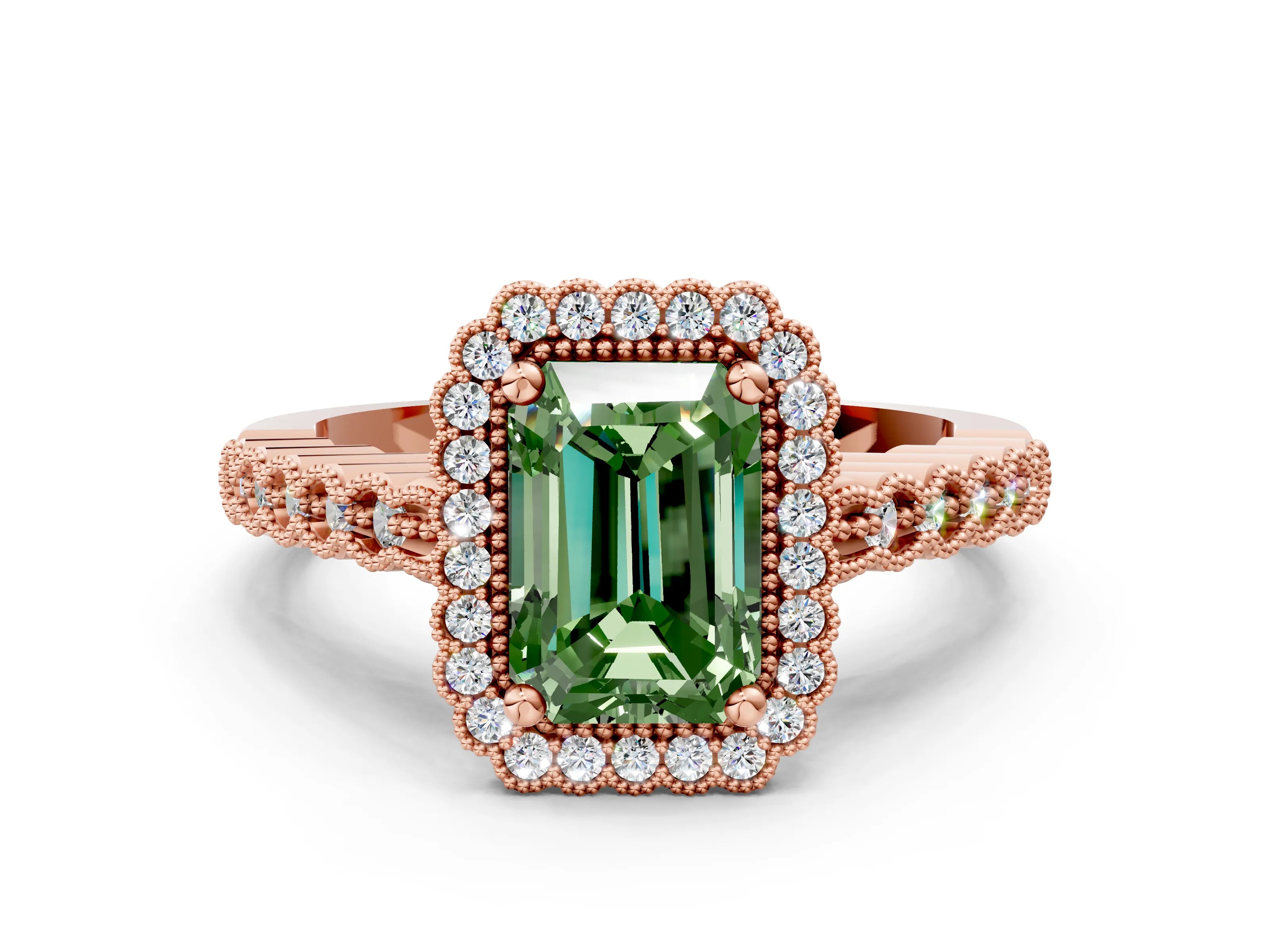 Rose gold Fancy Green Radiant Cut Cut Halo Pavé Solitaire Ring with Milgrain Band