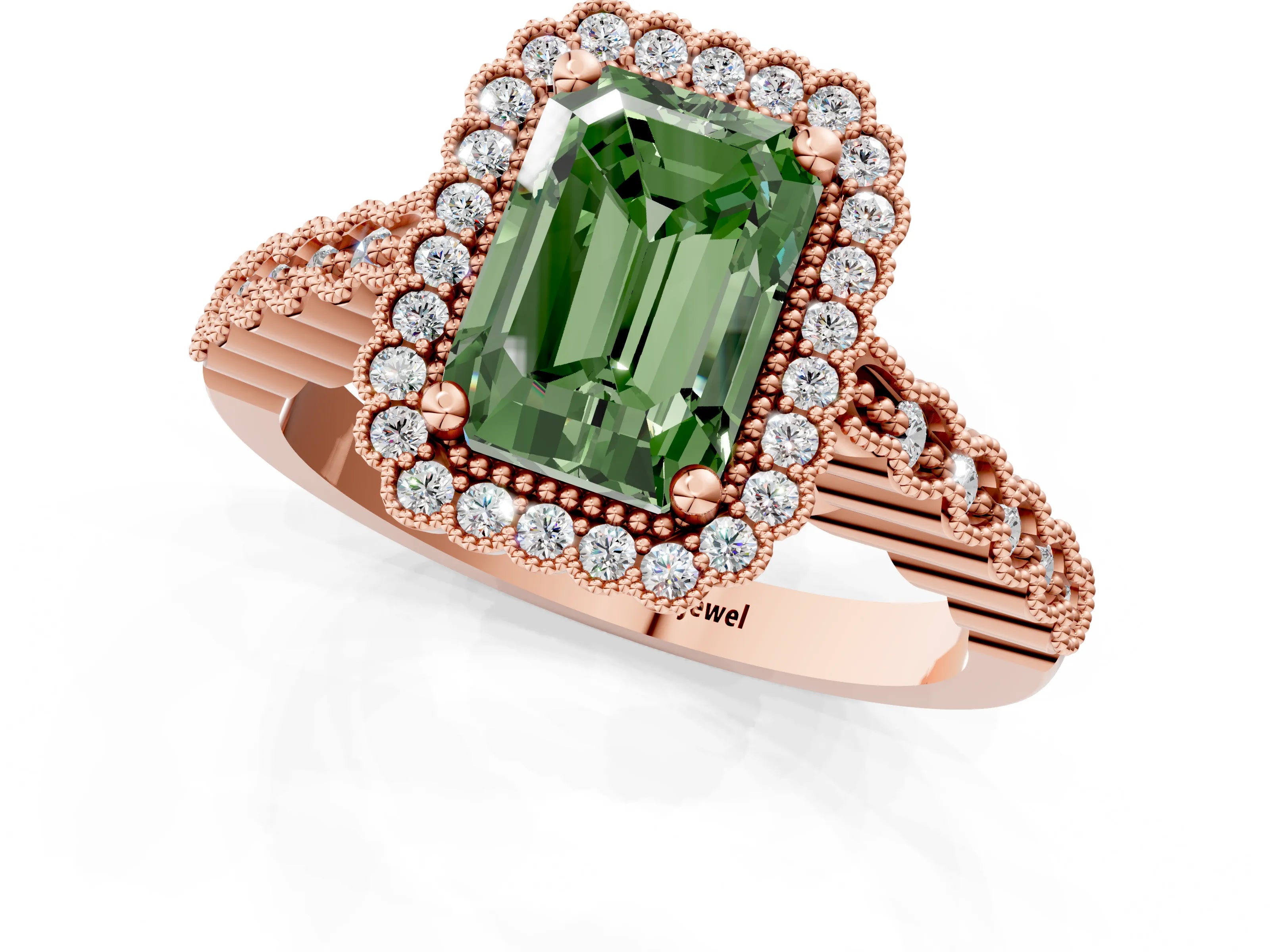 Rose gold Fancy Green Radiant Cut Cut Halo Pavé Solitaire Ring with Milgrain Band_1