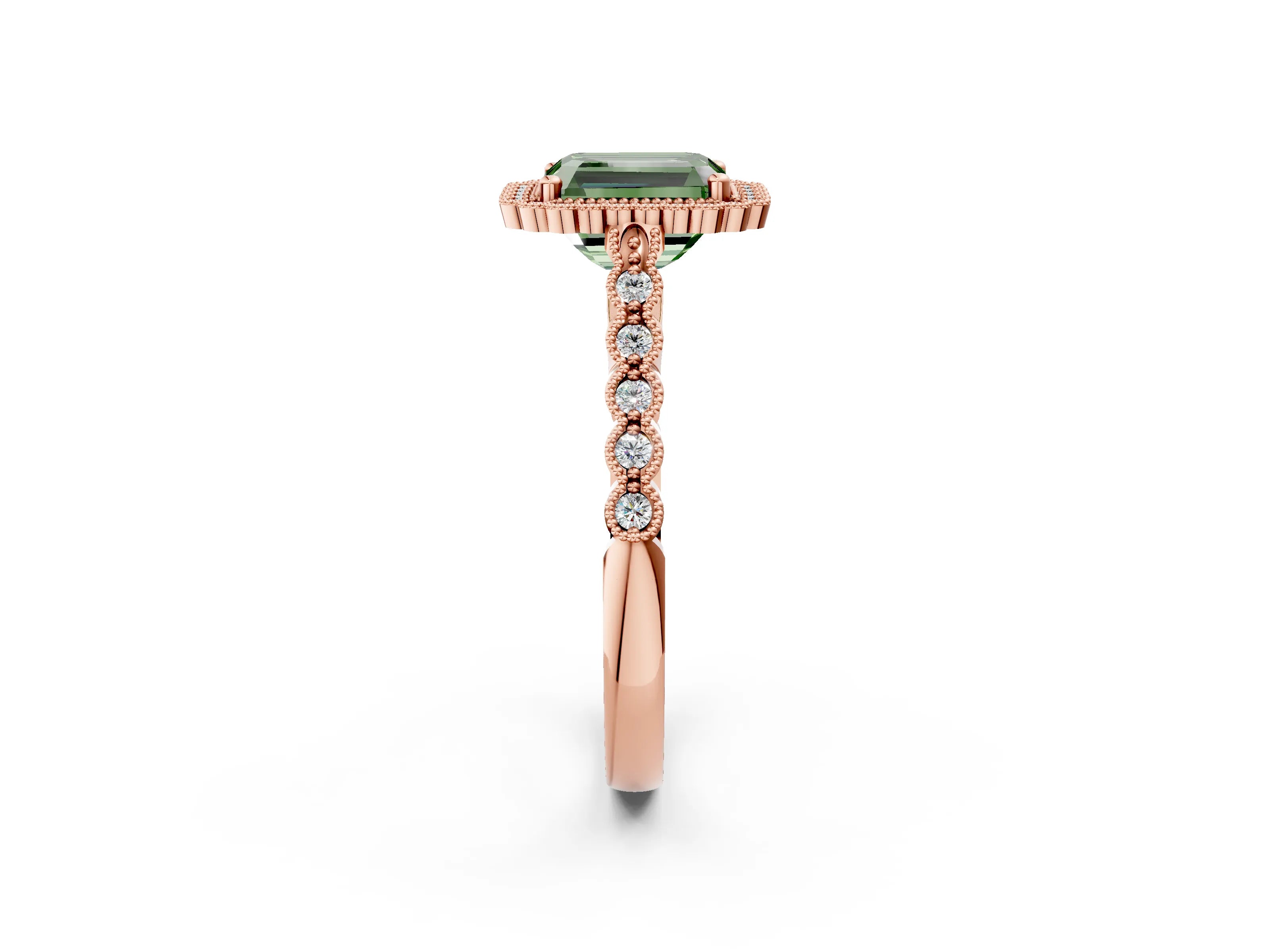 Rose gold Fancy Green Radiant Cut Cut Halo Pavé Solitaire Ring with Milgrain Band_2
