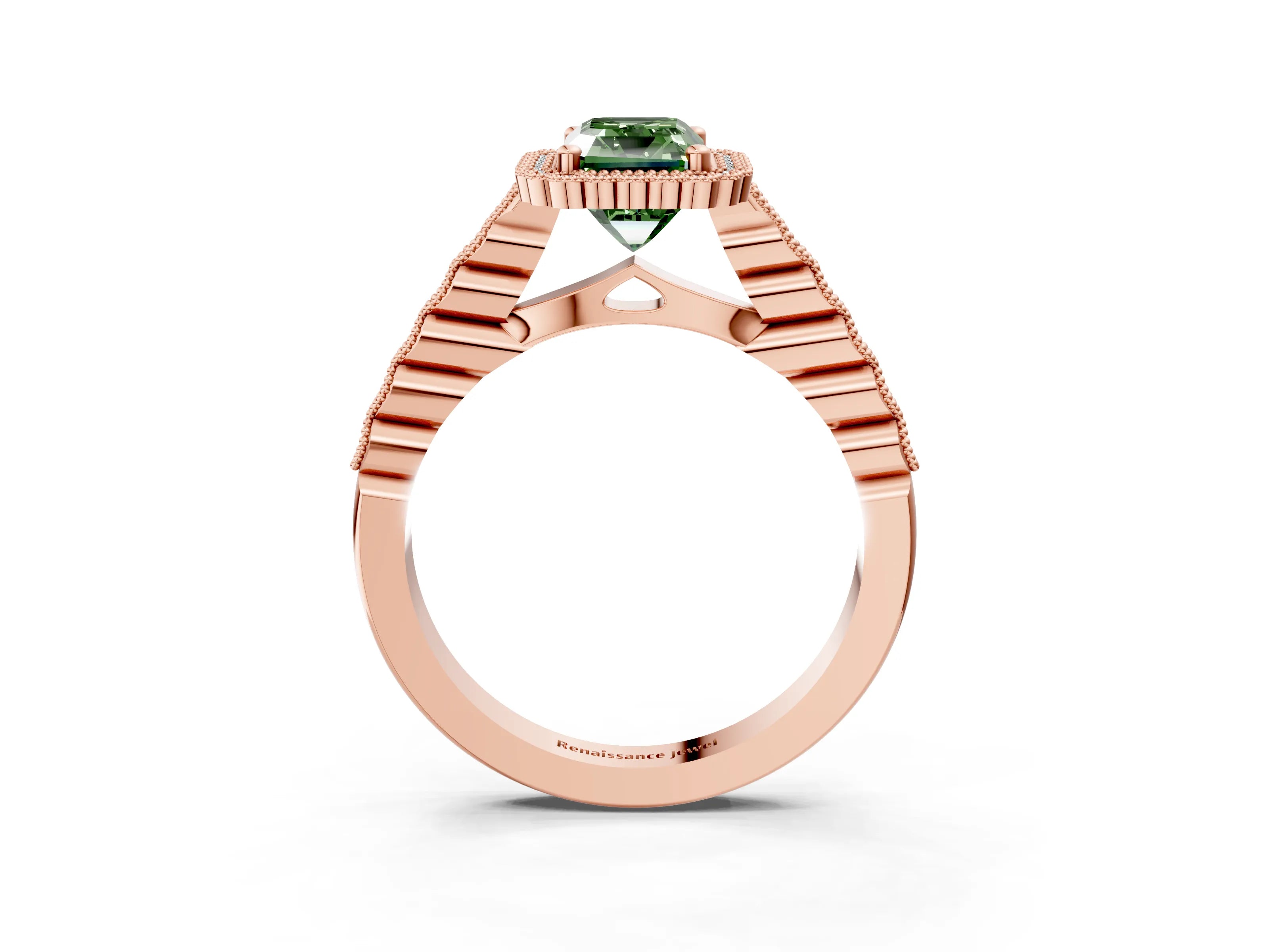 Rose gold Fancy Green Radiant Cut Cut Halo Pavé Solitaire Ring with Milgrain Band_3