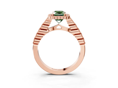 Rose gold Fancy Green Radiant Cut Cut Halo Pavé Solitaire Ring with Milgrain Band_3