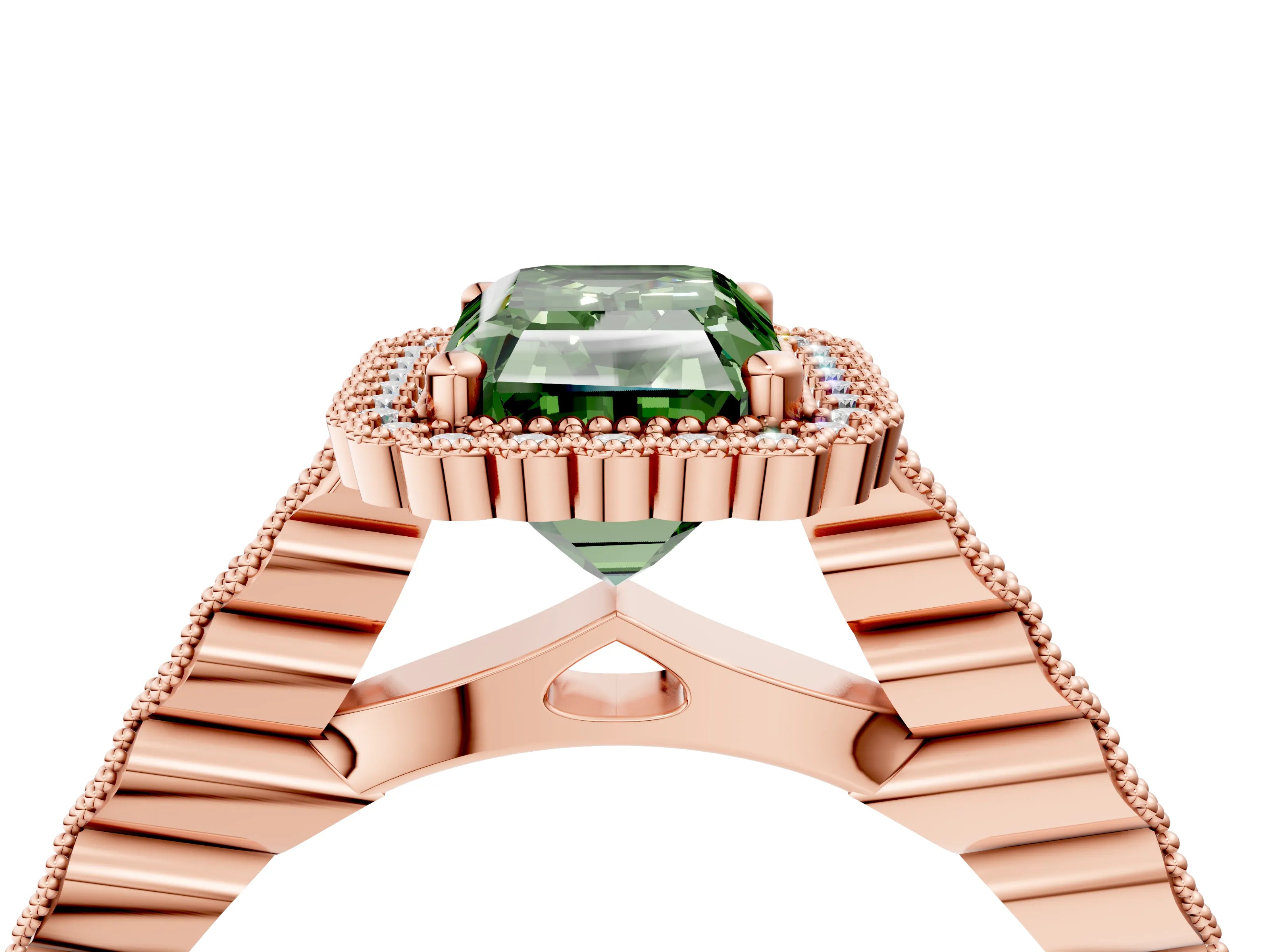 Rose gold Fancy Green Radiant Cut Cut Halo Pavé Solitaire Ring with Milgrain Band_4