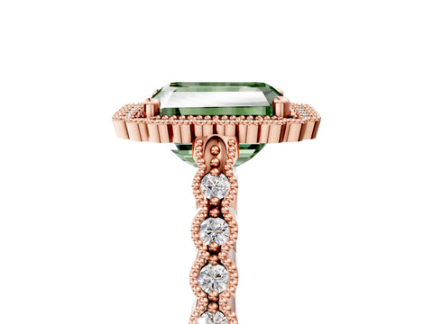 Rose gold Fancy Green Radiant Cut Cut Halo Pavé Solitaire Ring with Milgrain Band_5