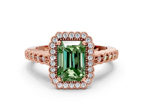 Rose gold Fancy Green Radiant Cut Cut Halo Pavé Solitaire Ring with Milgrain Band