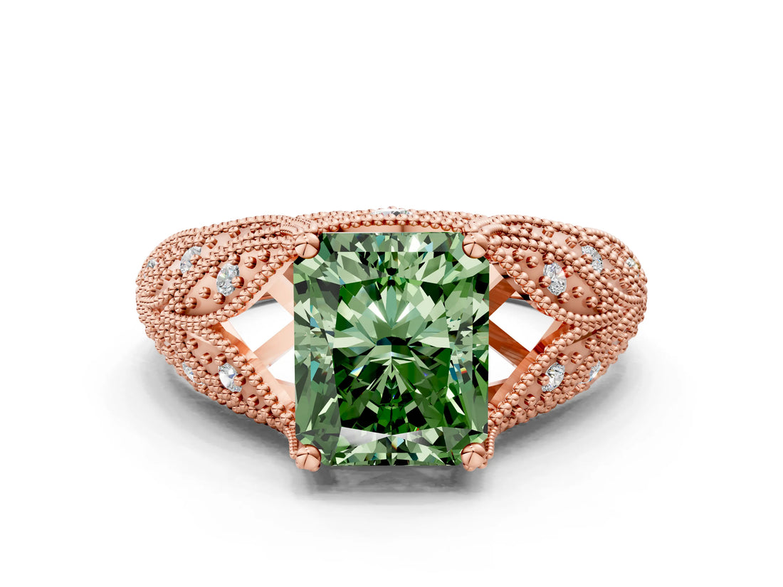 Rose gold Fancy Green Radiant Cut Cut Milgrain Pave Diamond Engagement Ring with Four-Prong Setting_27