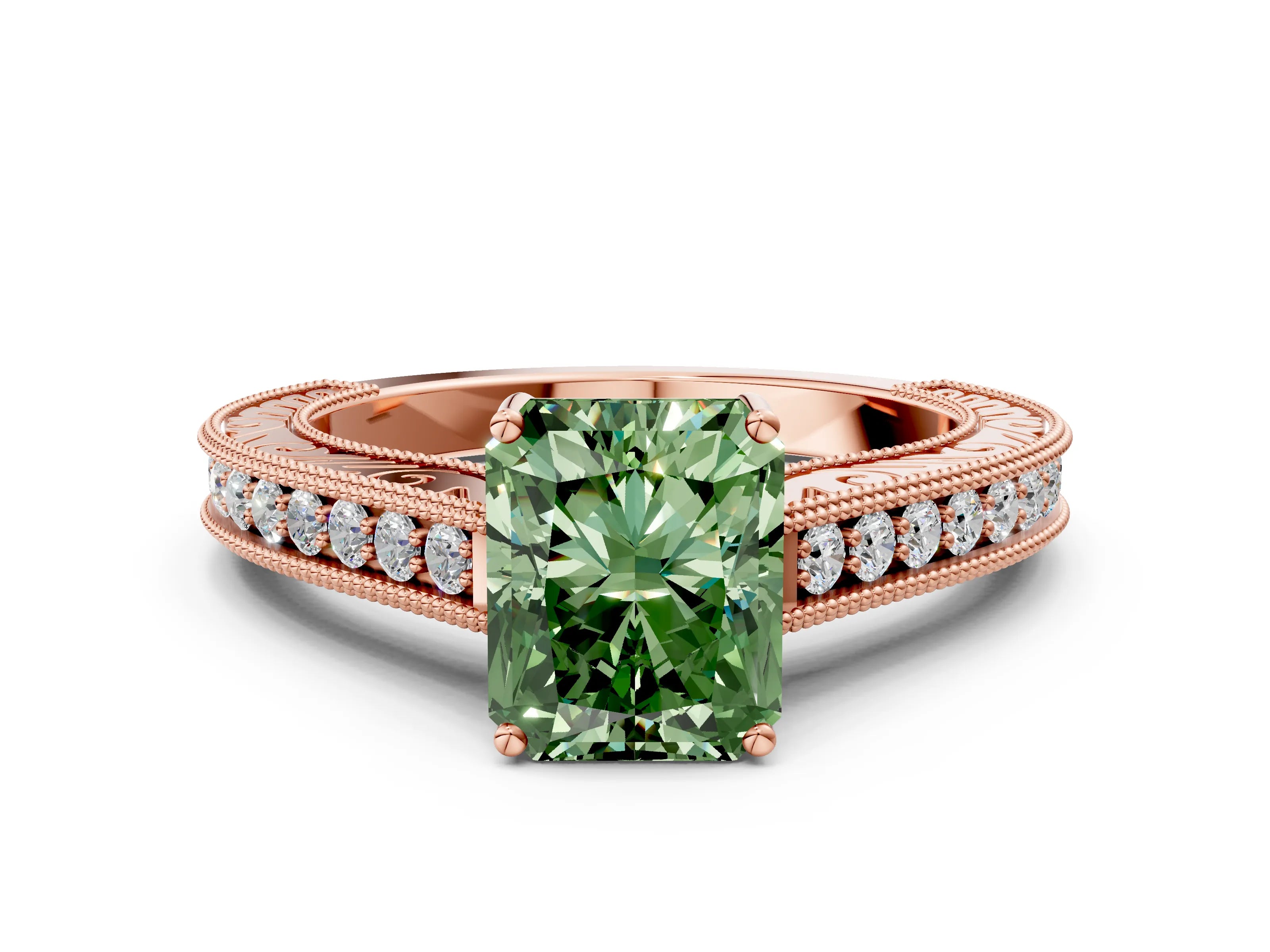 Rose gold Fancy Green Radiant Cut Cut Pave Band Milgrain Solitaire Ring_11