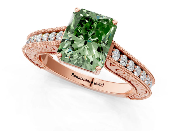 Rose gold Fancy Green Radiant Cut Cut Pave Band Milgrain Solitaire Ring