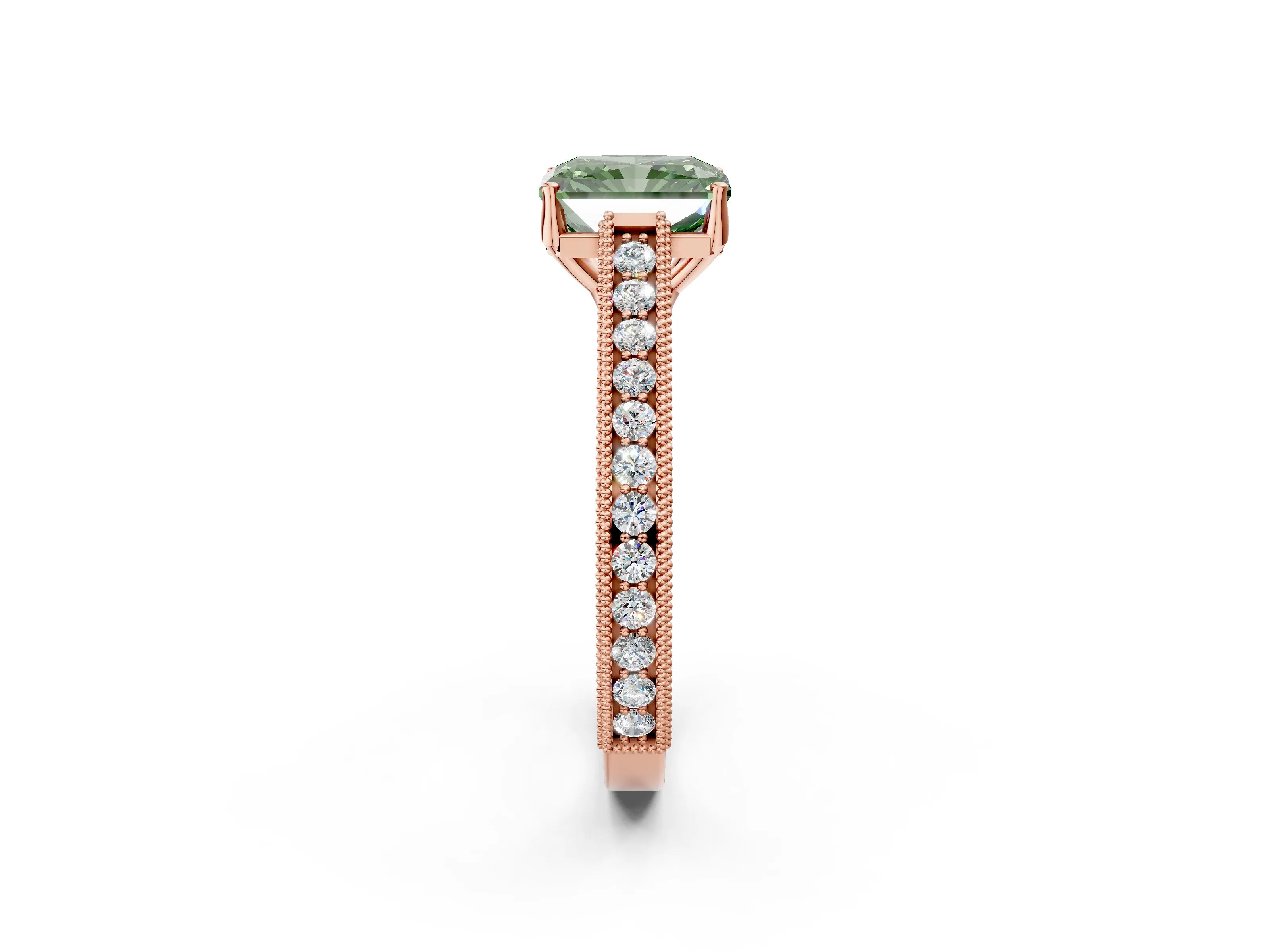 Rose gold Fancy Green Radiant Cut Cut Pave Band Milgrain Solitaire Ring_13
