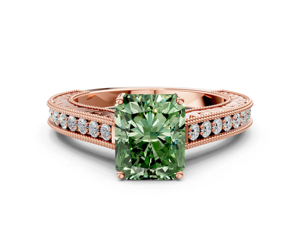 Rose gold Fancy Green Radiant Cut Cut Pave Band Milgrain Solitaire Ring