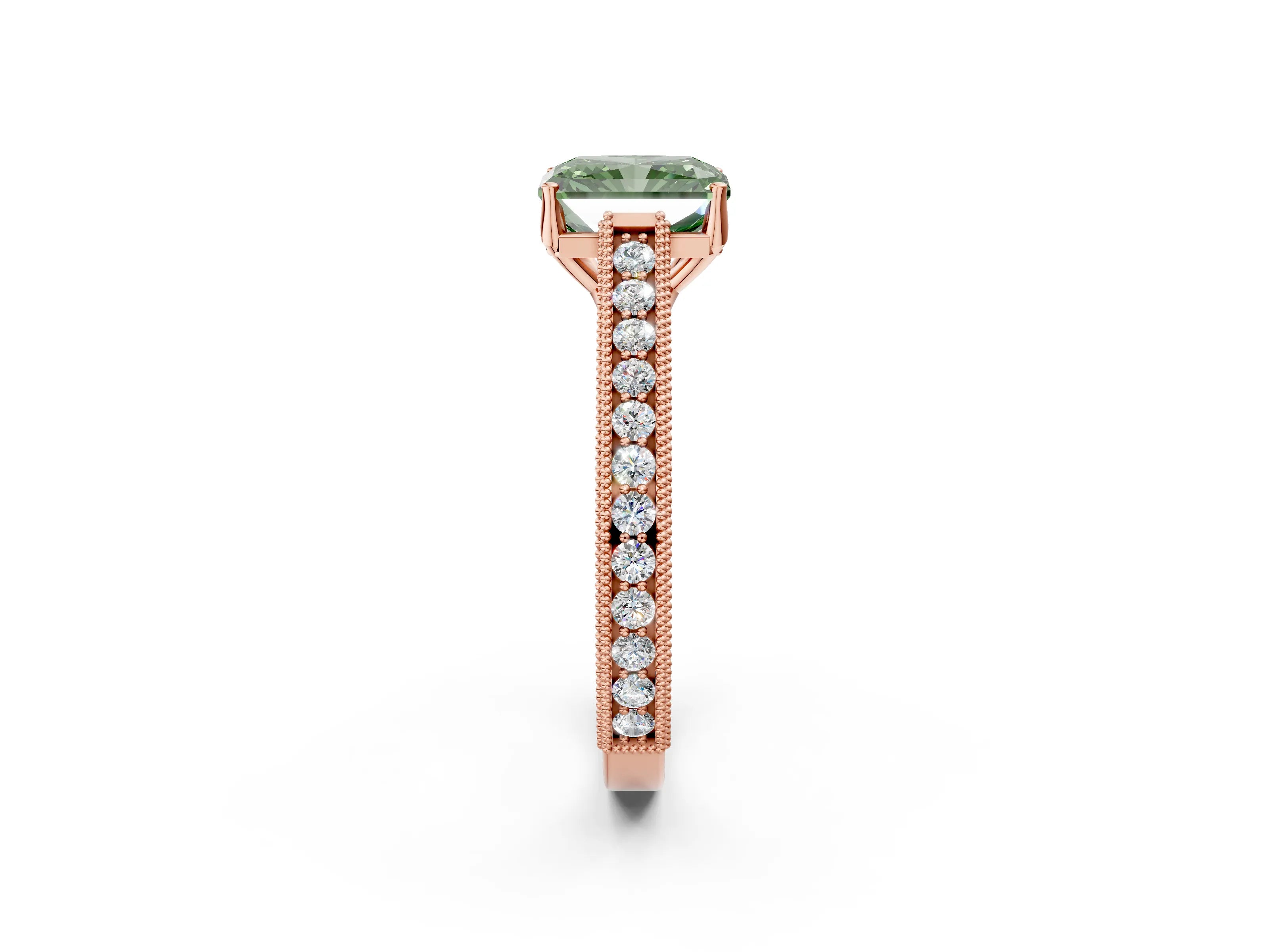 Rose gold Fancy Green Radiant Cut Cut Pave Band Milgrain Solitaire Ring_25