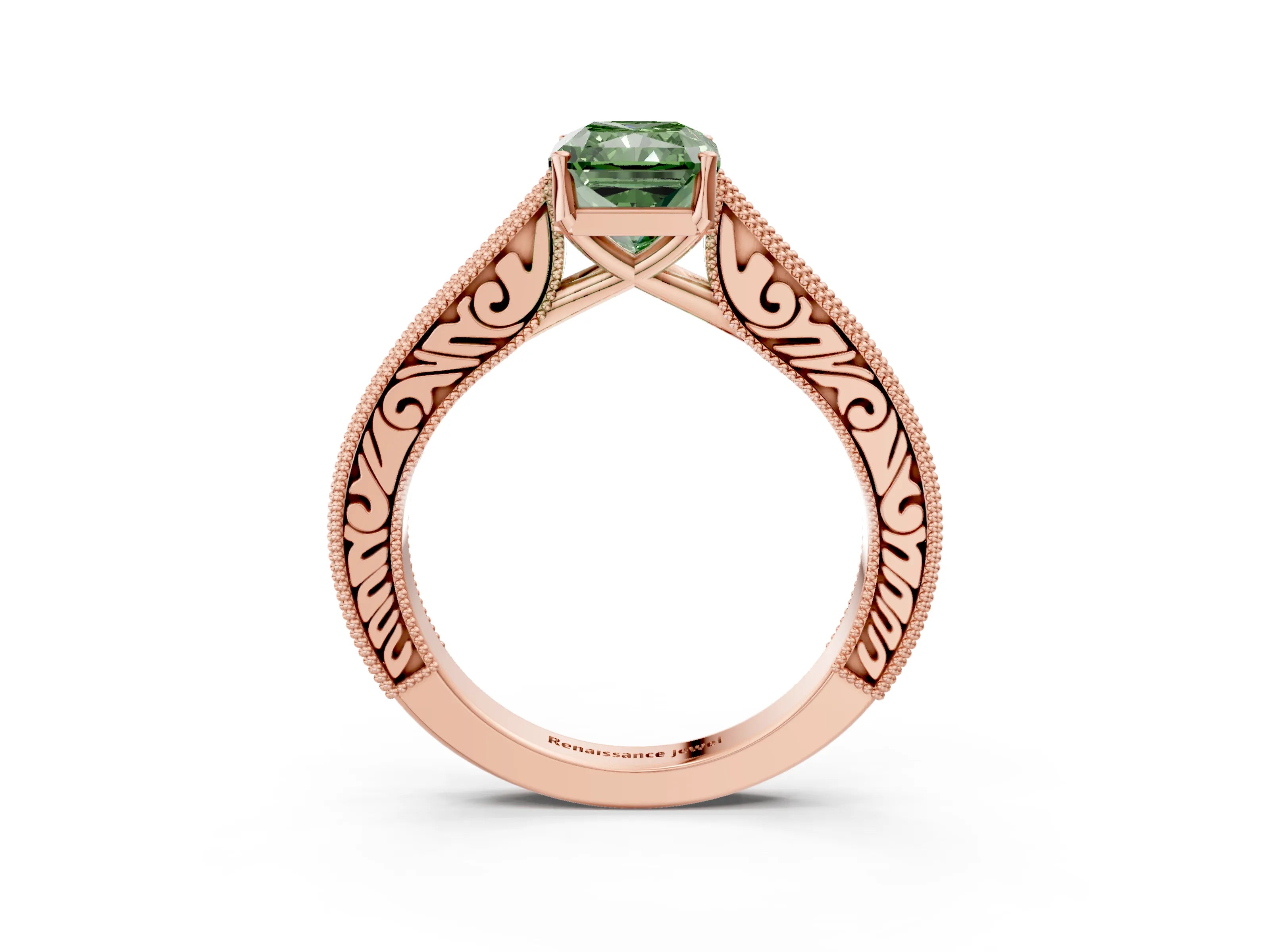 Rose gold Fancy Green Radiant Cut Cut Pave Band Milgrain Solitaire Ring_26