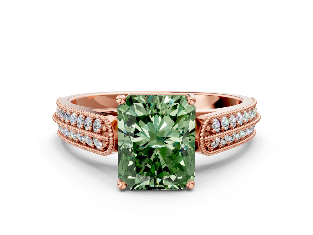 Rose gold Fancy Green Radiant Cut Cut Pave Split Shank Engagement Ring with Four-Prong Setting