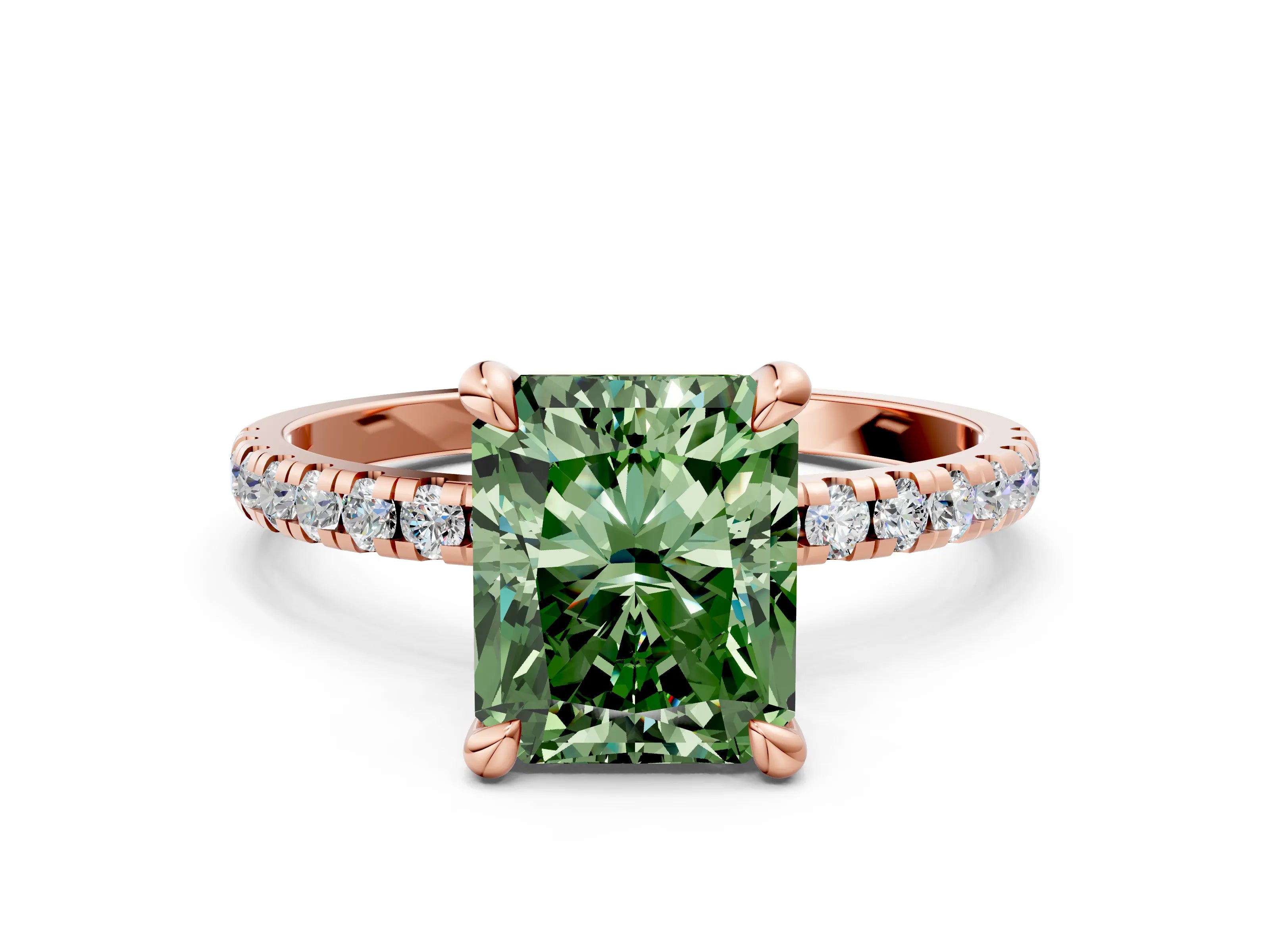 Rose gold Fancy Green Radiant Cut Diamond Brilliant Solitaire Ring with Pavé Band and Four-Prong Setting