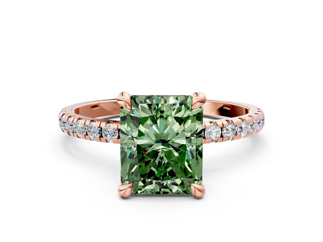 Rose gold Fancy Green Radiant Cut Diamond Brilliant Solitaire Ring with Pavé Band and Four-Prong Setting_12