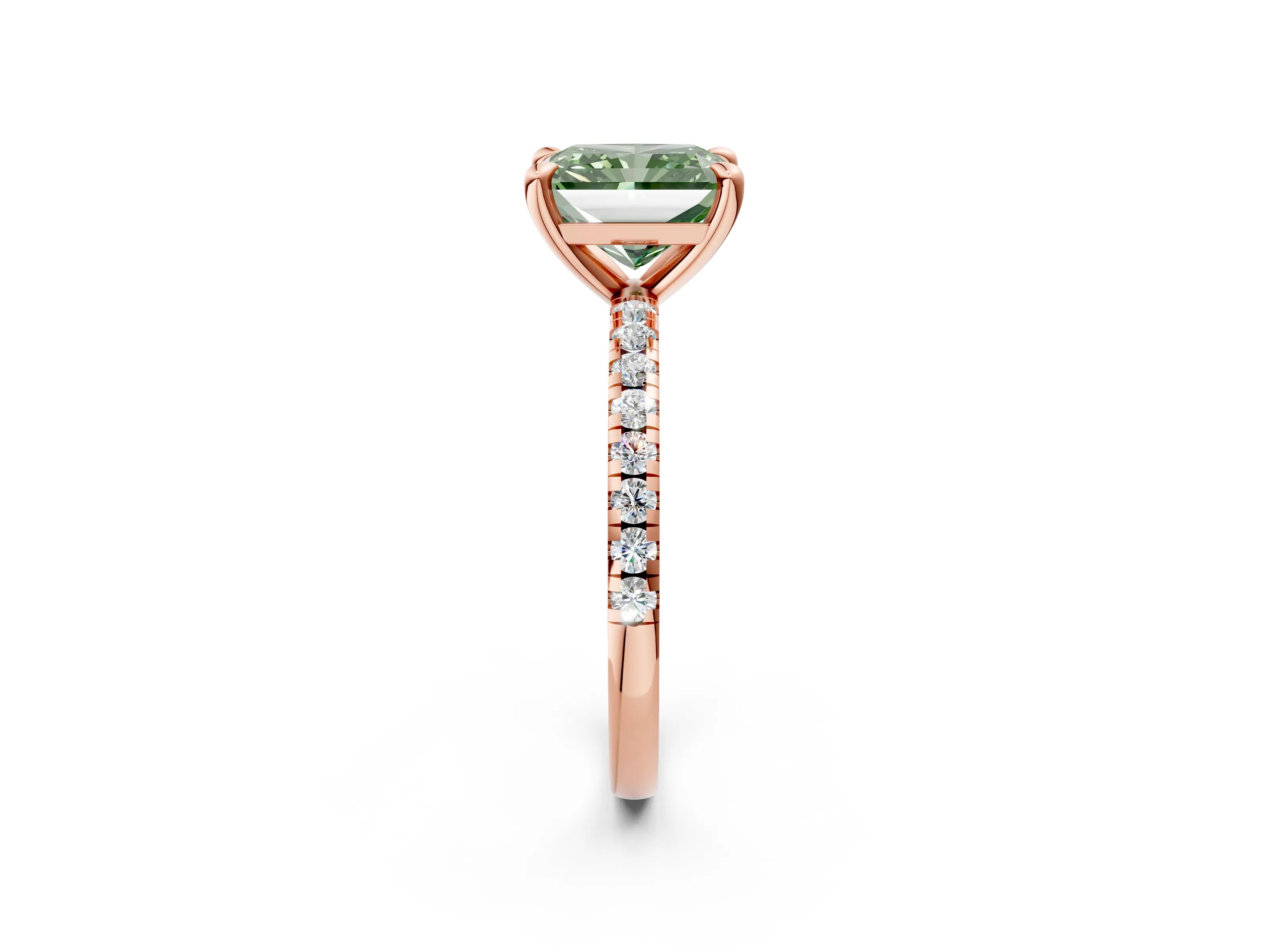 Rose gold Fancy Green Radiant Cut Diamond Brilliant Solitaire Ring with Pavé Band and Four-Prong Setting_2