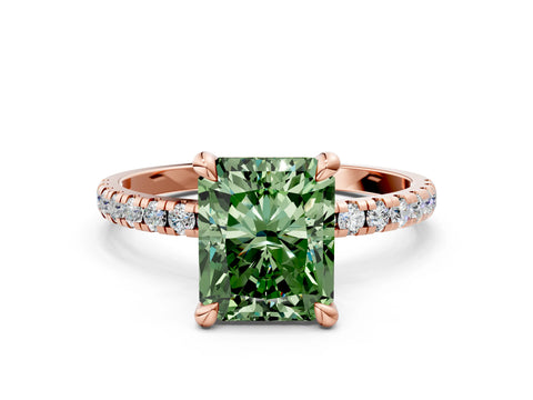 Rose gold Fancy Green Radiant Cut Diamond Brilliant Solitaire Ring with Pavé Band and Four-Prong Setting