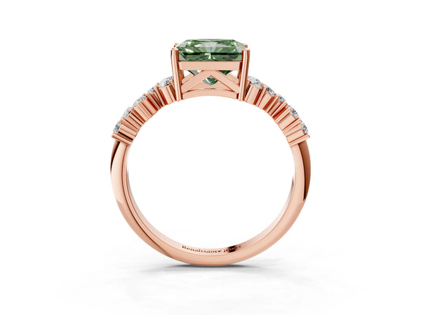 Rose gold Fancy Green Radiant Cut Diamond Cluster Pavé Band with Four-Prong Setting